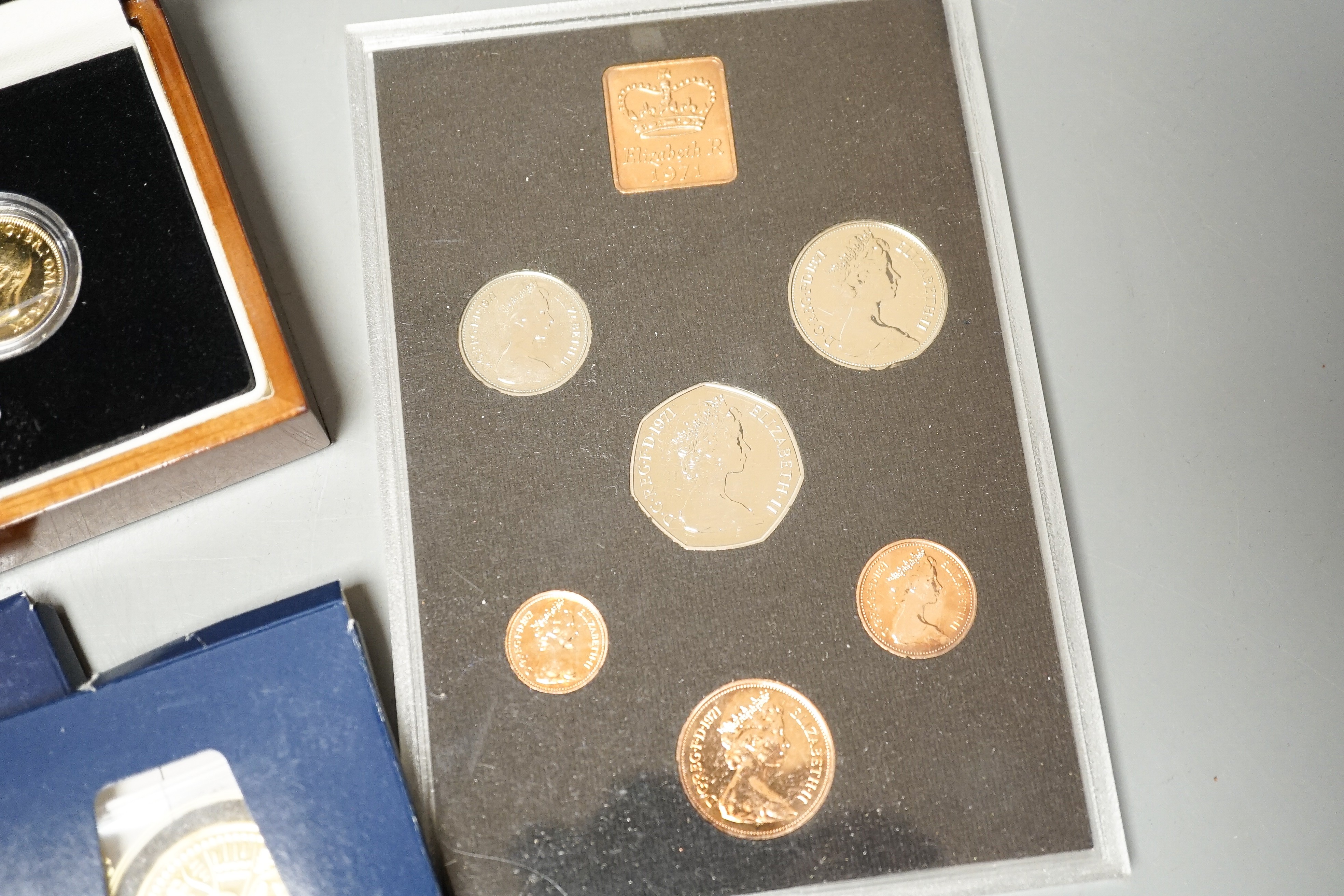 Two Royal Mint year sets 1970 & 1971 various London mint commemorative coins and later gold plated and enamelled coins (qty)